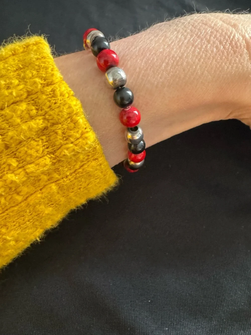Sterling Silver Red & Black Glass Bead Bracelet Toggle Clasp - 7.5” - Unisex